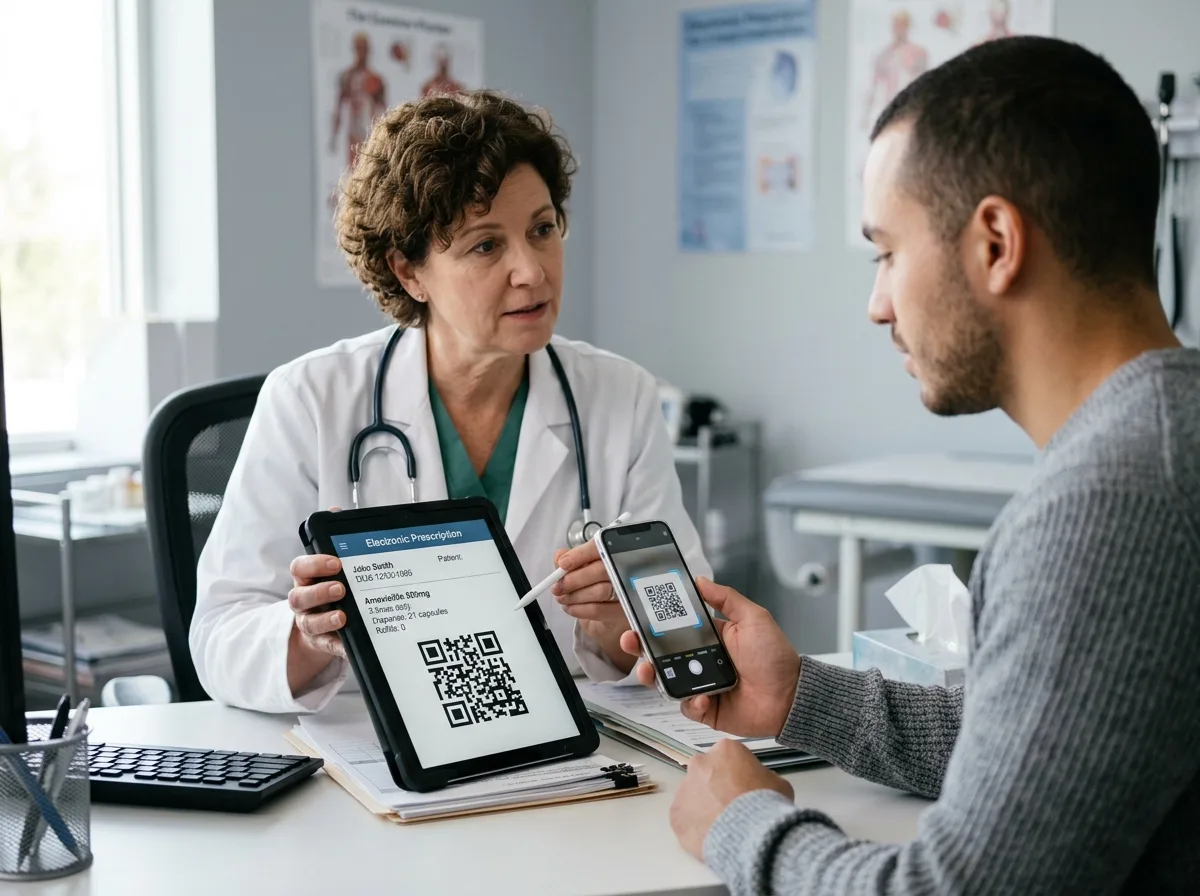 Врач на приёме формирует электронный рецепт с QR-кодом на планшете, рядом смартфон пациента со сканированием кода