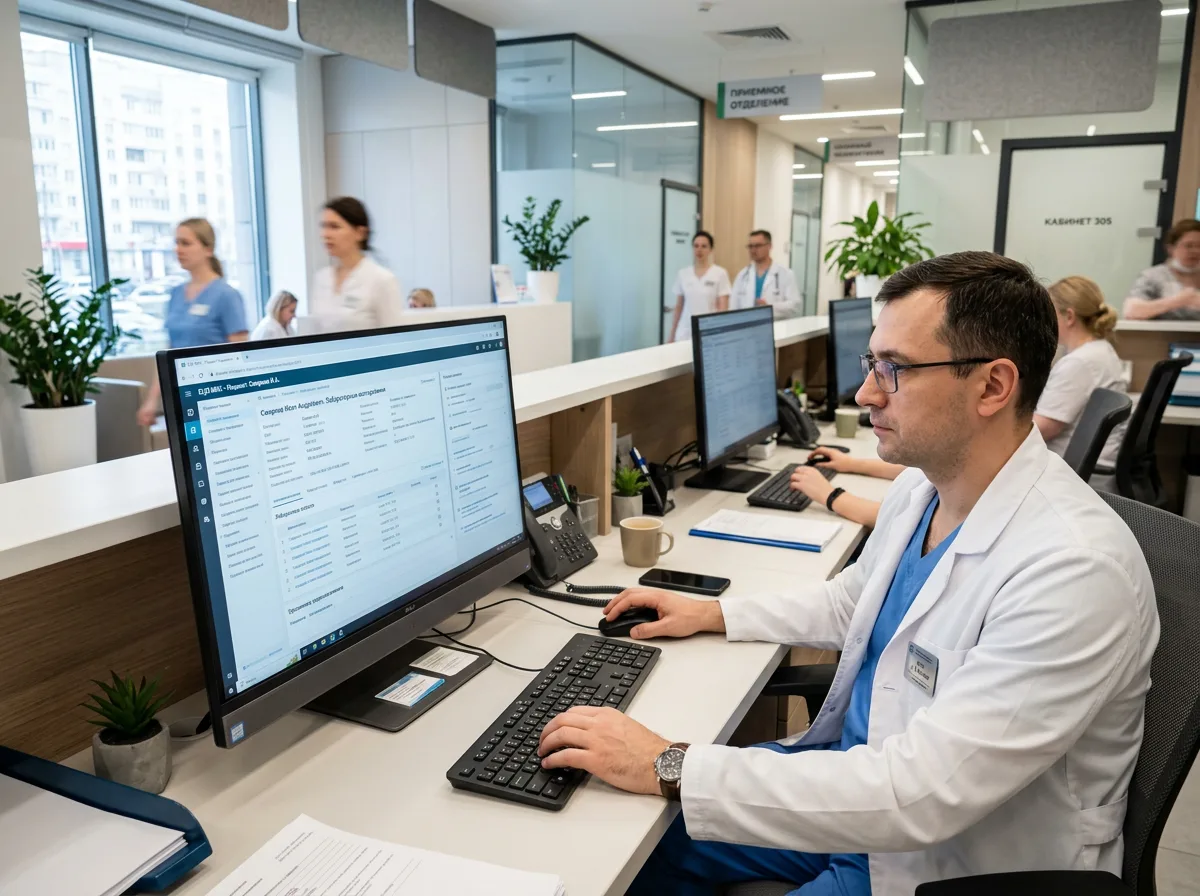 Врач работает за компьютером с медицинской информационной системой МИС в современной клинике