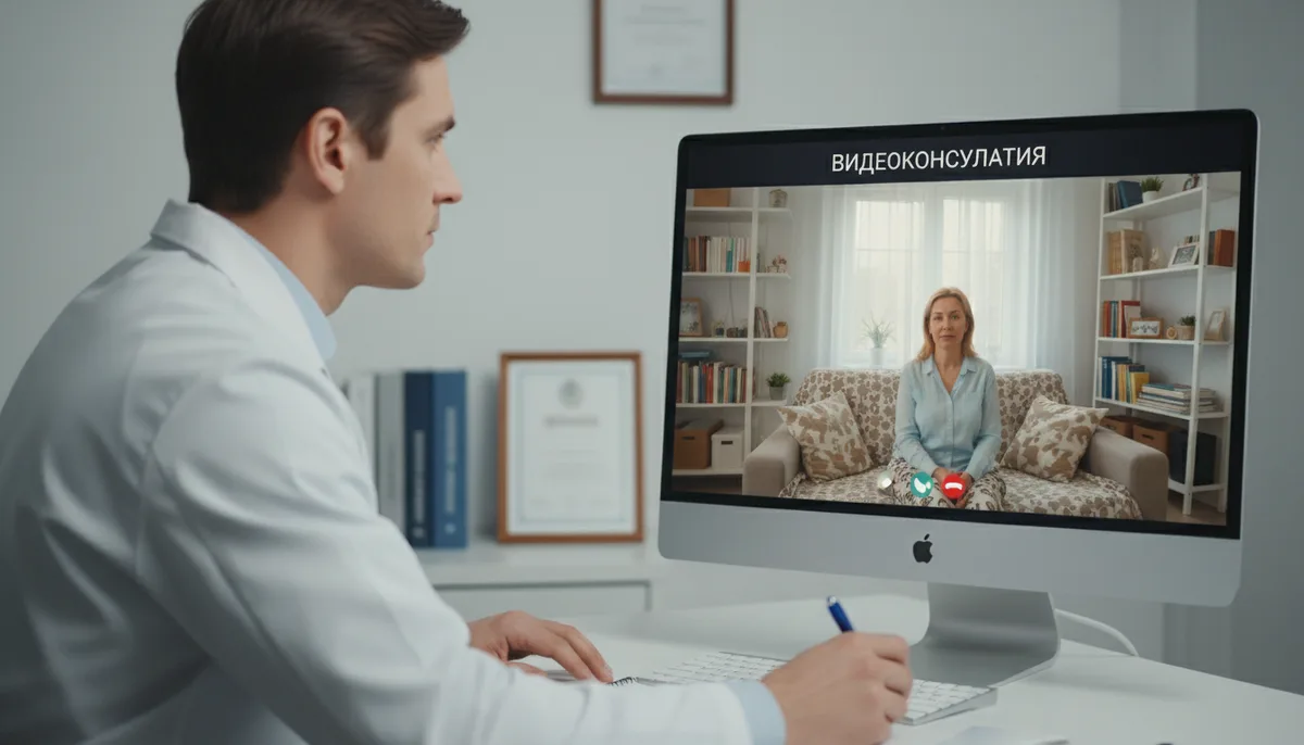 Врач за монитором компьютера, видеоконсультация, домашняя обстановка пациента на экране