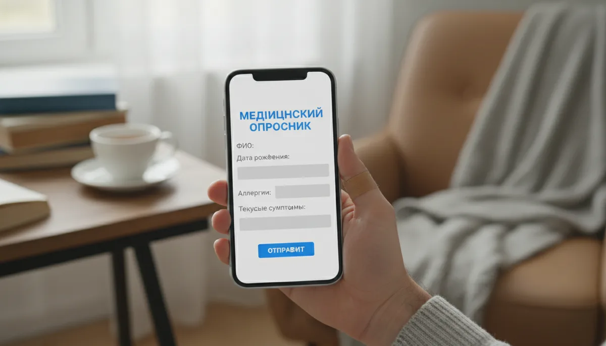 Экран смартфона с медицинским опросником, рука пациента, домашний интерьер